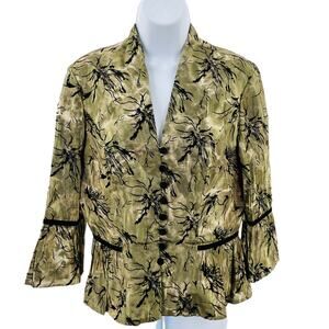 Dressbarn Green Shiny Black Asian Floral Flared Sleeve Blouse Womens 12